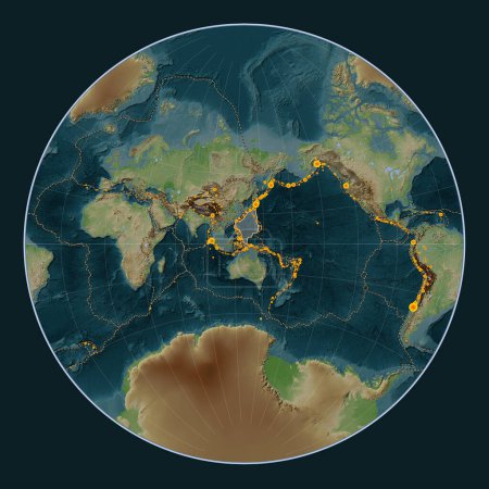 Foto de Placa tectónica del Mar de Filipinas en el mapa de elevación de estilo Wiki en la proyección de Lagrange centrada meridionalmente. Localizaciones de terremotos de magnitud superior a 6,5 registradas desde principios del siglo XVII - Imagen libre de derechos