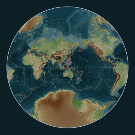 Foto de Placa tectónica del Mar de Filipinas en el mapa de elevación de estilo Wiki en la proyección de Lagrange centrada meridionalmente. Distribución de volcanes conocidos - Imagen libre de derechos