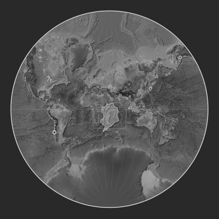 Foto de Placa tectónica somalí en el mapa de elevación a escala de grises en la proyección de Lagrange centrada meridionalmente. Localizaciones de terremotos de magnitud superior a 6,5 registradas desde principios del siglo XVII - Imagen libre de derechos