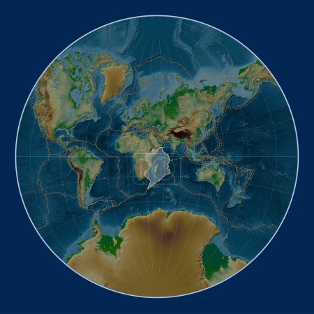 Foto de Placa tectónica somalí en el mapa de elevación física en la proyección de Lagrange centrada meridionalmente. Límites de otras placas - Imagen libre de derechos