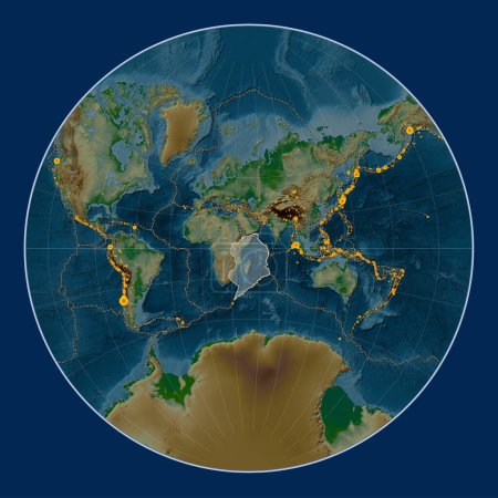 Foto de Placa tectónica somalí en el mapa de elevación física en la proyección de Lagrange centrada meridionalmente. Localizaciones de terremotos de magnitud superior a 6,5 registradas desde principios del siglo XVII - Imagen libre de derechos