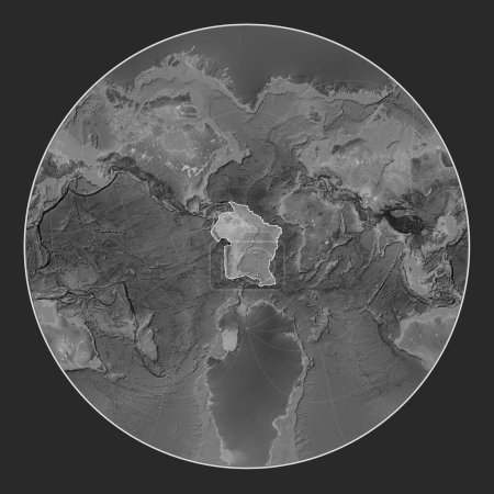 Photo for South American tectonic plate on the grayscale elevation map in the Lagrange Oblique projection centered meridionally and latitudinally. - Royalty Free Image