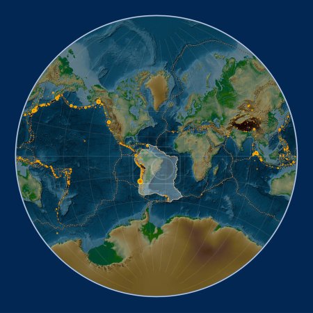 Foto de Placa tectónica sudamericana en el mapa de elevación física en la proyección de Lagrange centrada meridionalmente. Localizaciones de terremotos de magnitud superior a 6,5 registradas desde principios del siglo XVII - Imagen libre de derechos