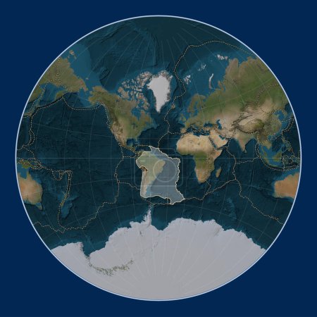 Foto de Placa tectónica sudamericana en el mapa satélite de mármol azul en la proyección de Lagrange centrada meridionalmente. Límites de otras placas - Imagen libre de derechos