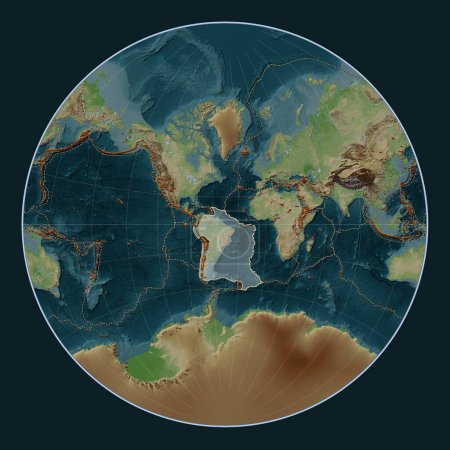 Téléchargez les photos : Plaque tectonique sud-américaine sur la carte d'altitude de style Wiki dans la projection Lagrange centrée méridionale. Distribution des volcans connus - en image libre de droit