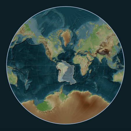 Foto de Placa tectónica sudamericana en el mapa de elevación de estilo Wiki en la proyección de Lagrange centrada meridionalmente. - Imagen libre de derechos