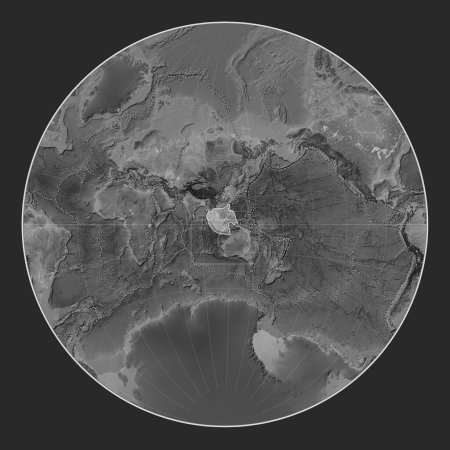 Téléchargez les photos : Plaque tectonique Sunda sur la carte d'altitude en niveaux de gris dans la projection Lagrange centrée méridionale. Limites des autres plaques - en image libre de droit