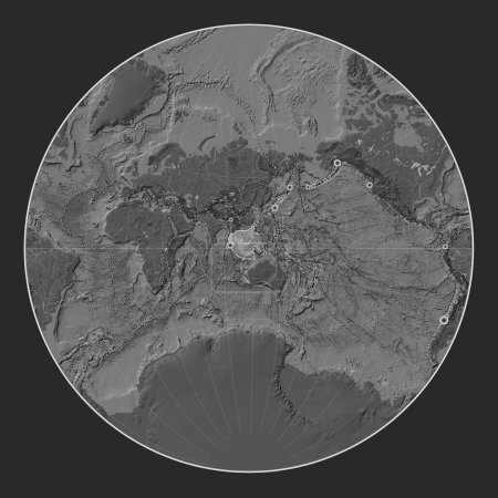 Photo for Sunda tectonic plate on the bilevel elevation map in the Lagrange projection centered meridionally. Locations of earthquakes above 6.5 magnitude recorded since the early 17th century - Royalty Free Image