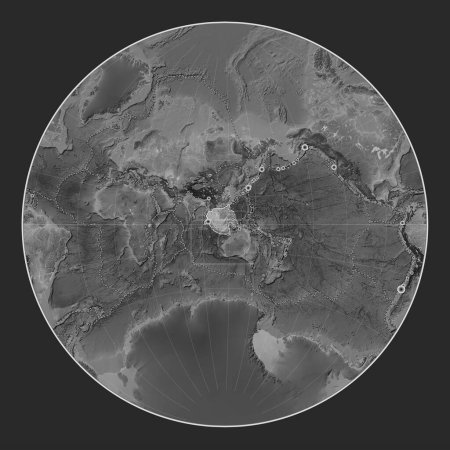 Foto de Placa tectónica de Sunda en el mapa de elevación a escala de grises en la proyección de Lagrange centrada meridionalmente. Localizaciones de terremotos de magnitud superior a 6,5 registradas desde principios del siglo XVII - Imagen libre de derechos