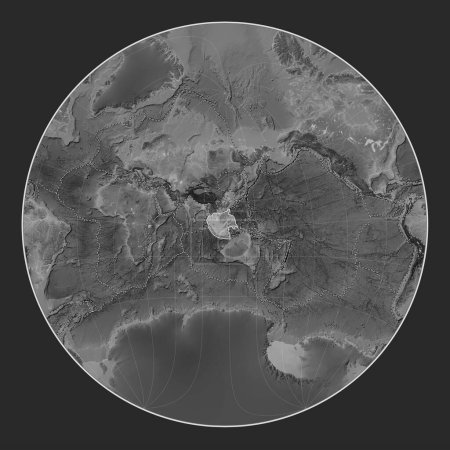 Foto de Placa tectónica de Sunda en el mapa de elevación a escala de grises en la proyección Lagrange Oblique centrada meridional y latitudinalmente. Límites de otras placas - Imagen libre de derechos