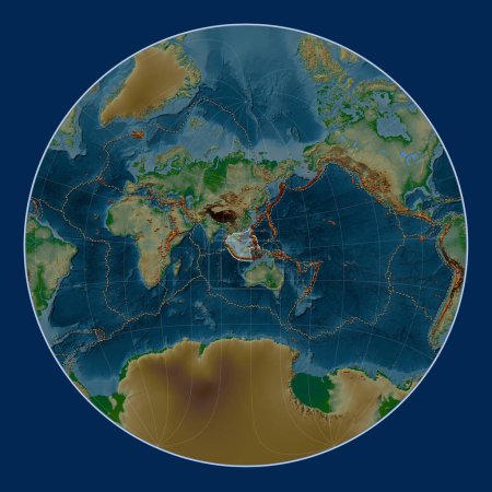 Photo for Sunda tectonic plate on the physical elevation map in the Lagrange Oblique projection centered meridionally and latitudinally. Distribution of known volcanoes - Royalty Free Image