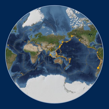 Foto de Placa tectónica de Sunda en el mapa satélite de mármol azul en la proyección Lagrange Oblique centrada meridional y latitudinalmente. Localizaciones de terremotos de magnitud superior a 6,5 registradas desde principios del siglo XVII - Imagen libre de derechos