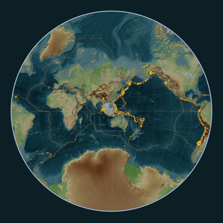 Foto de Placa tectónica de Sunda en el mapa de elevación de estilo Wiki en la proyección de Lagrange centrada meridionalmente. Localizaciones de terremotos de magnitud superior a 6,5 registradas desde principios del siglo XVII - Imagen libre de derechos