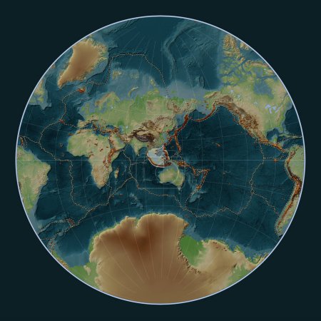 Foto de Placa tectónica de Sunda en el mapa de elevación de estilo Wiki en la proyección de Lagrange centrada meridionalmente. Distribución de volcanes conocidos - Imagen libre de derechos
