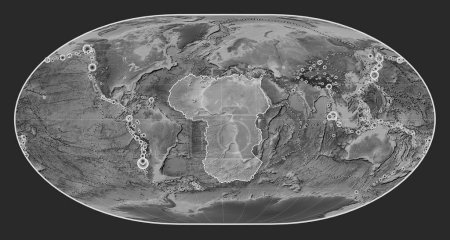 Photo for African tectonic plate on the grayscale elevation map in the Loximuthal projection centered meridionally. Locations of earthquakes above 6.5 magnitude recorded since the early 17th century - Royalty Free Image