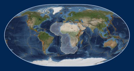 Photo for African tectonic plate on the Blue Marble satellite map in the Loximuthal projection centered meridionally. Distribution of known volcanoes - Royalty Free Image