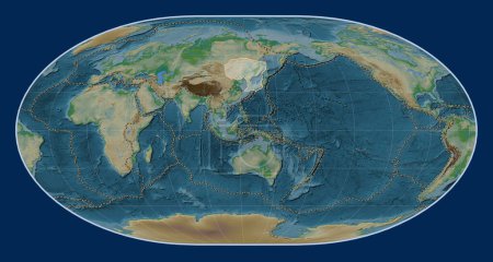 Téléchargez les photos : Plaque tectonique d'Amour sur la carte physique de l'altitude dans la projection de Loximuthal centrée méridionale. Limites des autres plaques - en image libre de droit