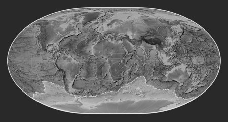 Photo for Antarctica tectonic plate on the grayscale elevation map in the Loximuthal projection centered meridionally. Boundaries of other plates - Royalty Free Image