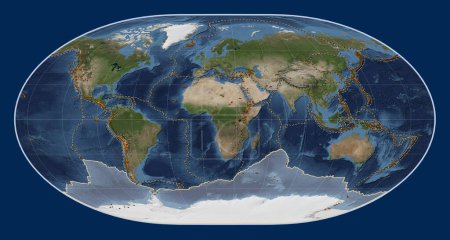 Téléchargez les photos : Plaque tectonique antarctique sur la carte satellite Blue Marble dans la projection de Loximuthal centrée méridionale. Distribution des volcans connus - en image libre de droit
