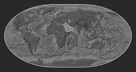 Photo for Arabian tectonic plate on the bilevel elevation map in the Loximuthal projection centered meridionally. Boundaries of other plates - Royalty Free Image