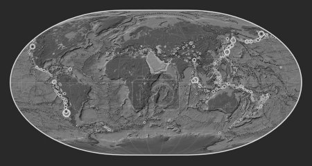 Photo for Arabian tectonic plate on the bilevel elevation map in the Loximuthal projection centered meridionally. Locations of earthquakes above 6.5 magnitude recorded since the early 17th century - Royalty Free Image