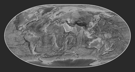 Photo for Arabian tectonic plate on the grayscale elevation map in the Loximuthal projection centered meridionally. Boundaries of other plates - Royalty Free Image