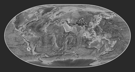 Photo for Arabian tectonic plate on the grayscale elevation map in the Loximuthal projection centered meridionally. Locations of earthquakes above 6.5 magnitude recorded since the early 17th century - Royalty Free Image