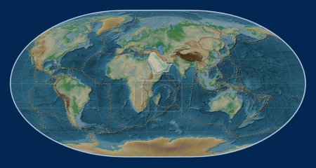 Photo for Arabian tectonic plate on the physical elevation map in the Loximuthal projection centered meridionally. Boundaries of other plates - Royalty Free Image