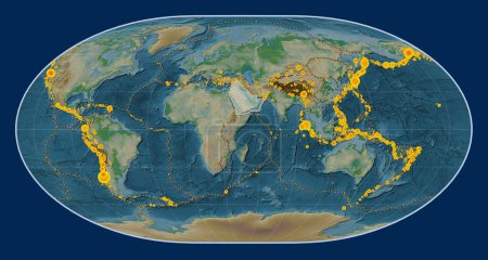 Photo for Arabian tectonic plate on the physical elevation map in the Loximuthal projection centered meridionally. Locations of earthquakes above 6.5 magnitude recorded since the early 17th century - Royalty Free Image