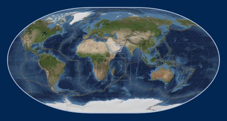 Téléchargez les photos : Plaque tectonique arabe sur la carte satellite Blue Marble dans la projection de Loximuthal centrée méridionale. Limites des autres plaques - en image libre de droit