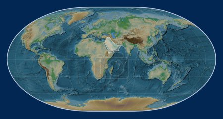 Photo for Arabian tectonic plate on the physical elevation map in the Loximuthal projection centered meridionally. - Royalty Free Image