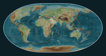 Photo for Arabian tectonic plate on the Wiki style elevation map in the Loximuthal projection centered meridionally. Distribution of known volcanoes - Royalty Free Image