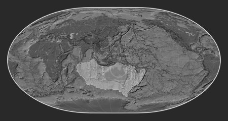 Téléchargez les photos : Plaque tectonique australienne sur la carte de l'élévation bilevel dans la projection de Loximuthal centrée méridionale. Limites des autres plaques - en image libre de droit