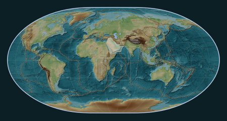 Photo for Arabian tectonic plate on the Wiki style elevation map in the Loximuthal projection centered meridionally. Boundaries of other plates - Royalty Free Image