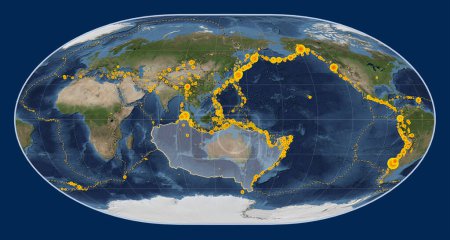 Téléchargez les photos : Plaque tectonique australienne sur la carte satellite Blue Marble dans la projection de Loximuthal centrée méridionale. Lieux des tremblements de terre de plus de 6,5 magnitude enregistrés depuis le début du 17ème siècle - en image libre de droit