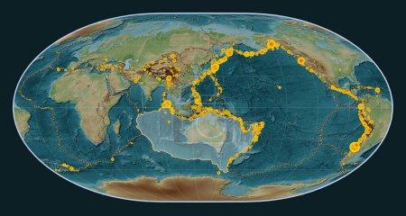 Téléchargez les photos : Plaque tectonique australienne sur la carte d'élévation de style Wiki dans la projection de Loximuthal centrée méridionale. Lieux des tremblements de terre de plus de 6,5 magnitude enregistrés depuis le début du 17ème siècle - en image libre de droit