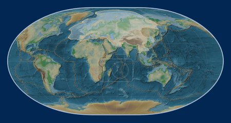 Téléchargez les photos : Plaque tectonique eurasienne sur la carte physique de l'altitude dans la projection de Loximuthal centrée méridionale. Limites des autres plaques - en image libre de droit
