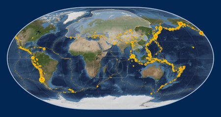 Téléchargez les photos : Plaque tectonique eurasienne sur la carte satellite Blue Marble dans la projection de Loximuthal centrée méridionale. Lieux des tremblements de terre de plus de 6,5 magnitude enregistrés depuis le début du 17ème siècle - en image libre de droit