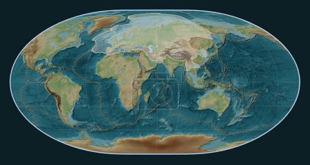 Téléchargez les photos : Plaque tectonique eurasienne sur la carte d'élévation de style Wiki dans la projection de Loximuthal centrée méridionale. Limites des autres plaques - en image libre de droit
