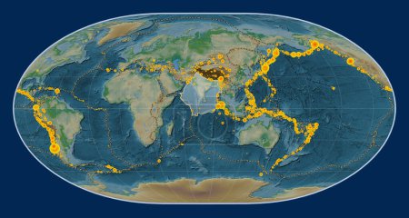 Téléchargez les photos : Plaque tectonique indienne sur la carte physique de l'altitude dans la projection de Loximuthal centrée méridionale. Lieux des tremblements de terre de plus de 6,5 magnitude enregistrés depuis le début du 17ème siècle - en image libre de droit