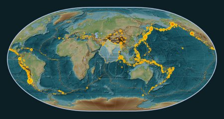 Téléchargez les photos : Plaque tectonique indienne sur la carte d'élévation de style Wiki dans la projection de Loximuthal centrée méridionale. Lieux des tremblements de terre de plus de 6,5 magnitude enregistrés depuis le début du 17ème siècle - en image libre de droit