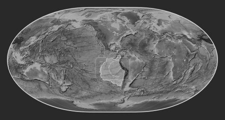 Photo for Nazca tectonic plate on the grayscale elevation map in the Loximuthal projection centered meridionally. Boundaries of other plates - Royalty Free Image