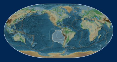 Photo for Nazca tectonic plate on the physical elevation map in the Loximuthal projection centered meridionally. Boundaries of other plates - Royalty Free Image