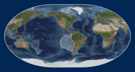 Téléchargez les photos : Plaque tectonique Nazca sur la carte satellite Blue Marble dans la projection de Loximuthal centrée méridionale. Distribution des volcans connus - en image libre de droit