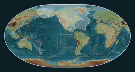 Téléchargez les photos : Plaque tectonique nord-américaine sur la carte d'altitude de style Wiki dans la projection de Loximuthal centrée méridionale. Limites des autres plaques - en image libre de droit
