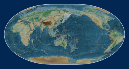 Photo for Okhotsk tectonic plate on the physical elevation map in the Loximuthal projection centered meridionally. Boundaries of other plates - Royalty Free Image