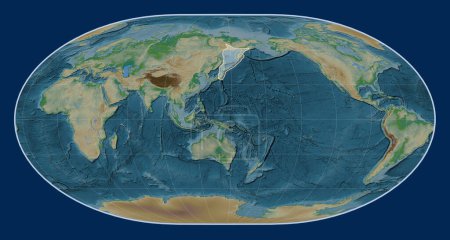 Photo for Okhotsk tectonic plate on the physical elevation map in the Loximuthal projection centered meridionally. - Royalty Free Image