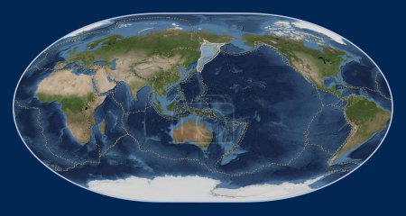 Photo for Okhotsk tectonic plate on the Blue Marble satellite map in the Loximuthal projection centered meridionally. Boundaries of other plates - Royalty Free Image