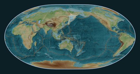 Photo for Okhotsk tectonic plate on the Wiki style elevation map in the Loximuthal projection centered meridionally. Boundaries of other plates - Royalty Free Image