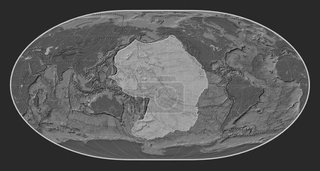 Foto de Placa tectónica del Pacífico en el mapa de elevación bilevel en la proyección Loximutal centrada meridionalmente. Límites de otras placas - Imagen libre de derechos
